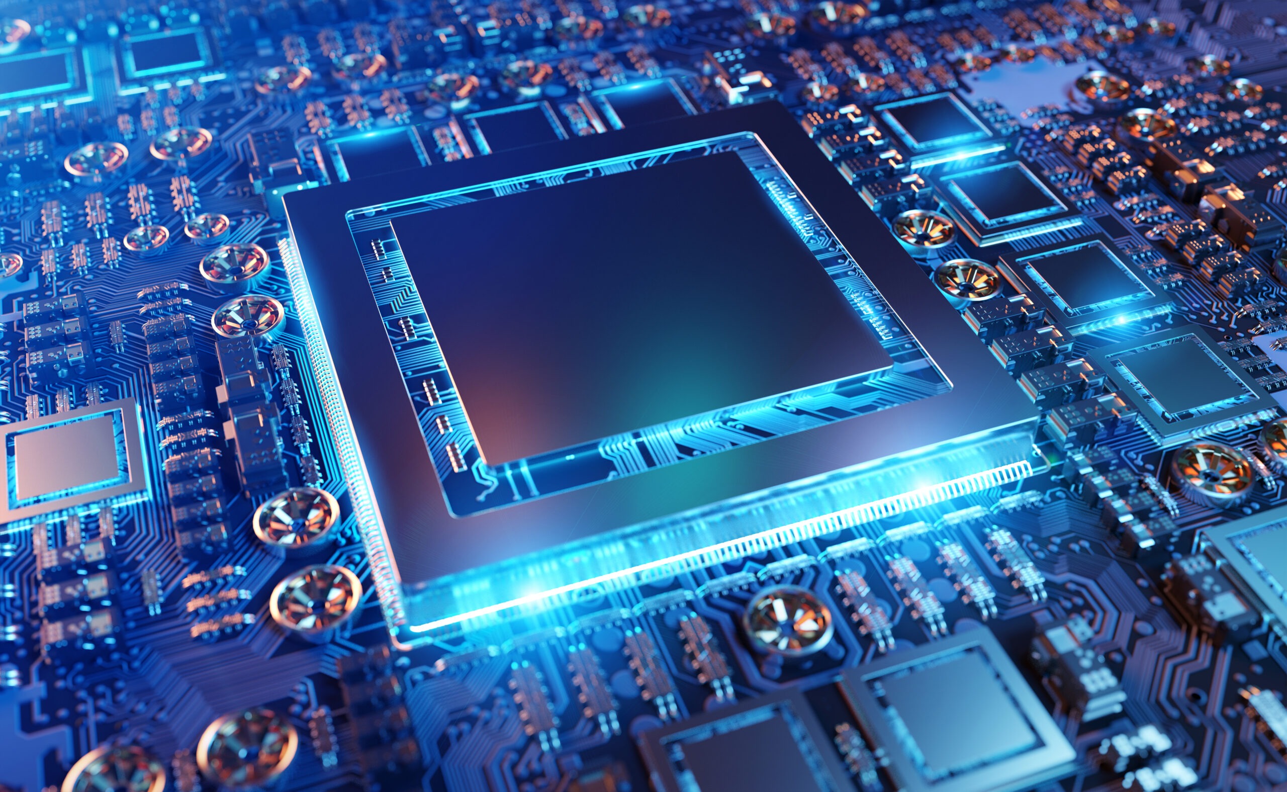 Close-up of a modern computer motherboard featuring a central processor, intricate circuitry, and glowing blue highlights, emphasizing advanced technology.